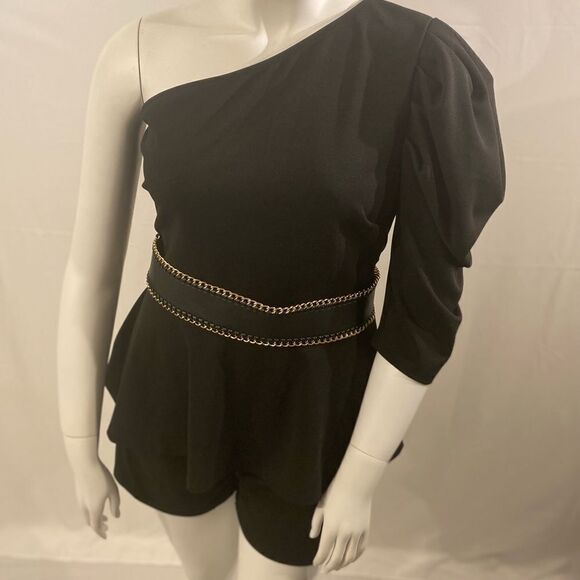 2pc Set One Shoulder Peplum Top & Shorts in Black - Size 2X - Picture 6 of 9